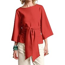 TERIVEEK Women's Waist Belted Blouse 3/4 Trumpet Sleeve Tunic Tops 2026 Summer Business Casual Loose Fit Crew Neck Shirt