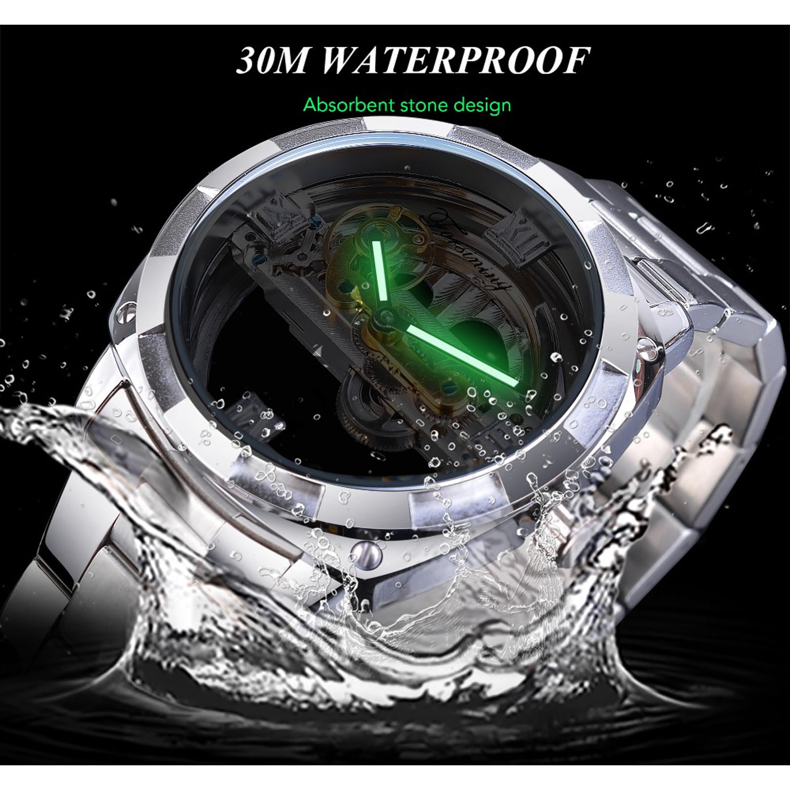 FORSINING Reloj para hombre, clásico, transparente, esfera cuadrada, automático, acero inoxidable, a la moda, para negocios, resistente al agua, luminoso, mecánico, plata