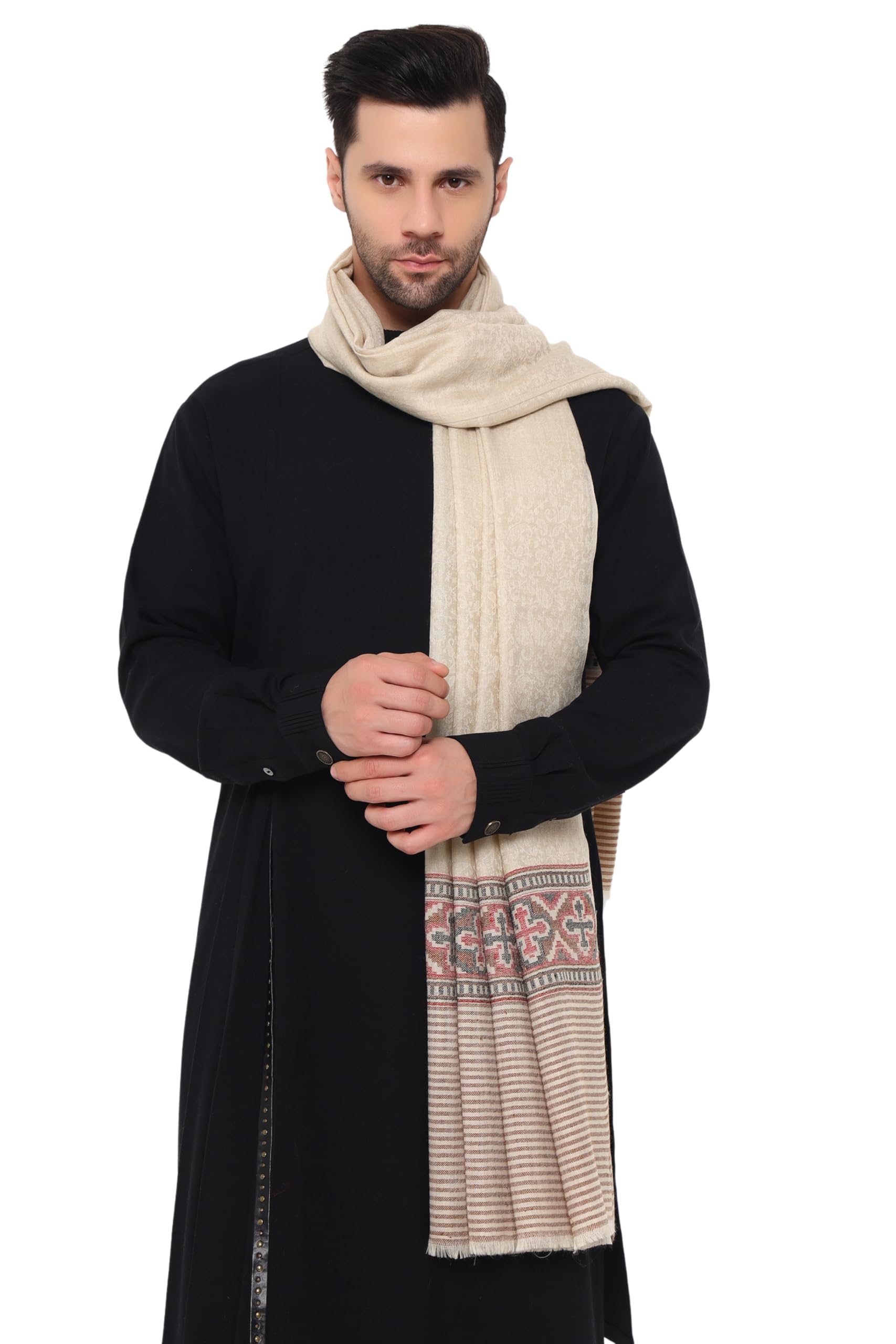 pashtush Mens Extra Fine Wool Stole, Paisley Palla Design (Light Beige)-picture-35