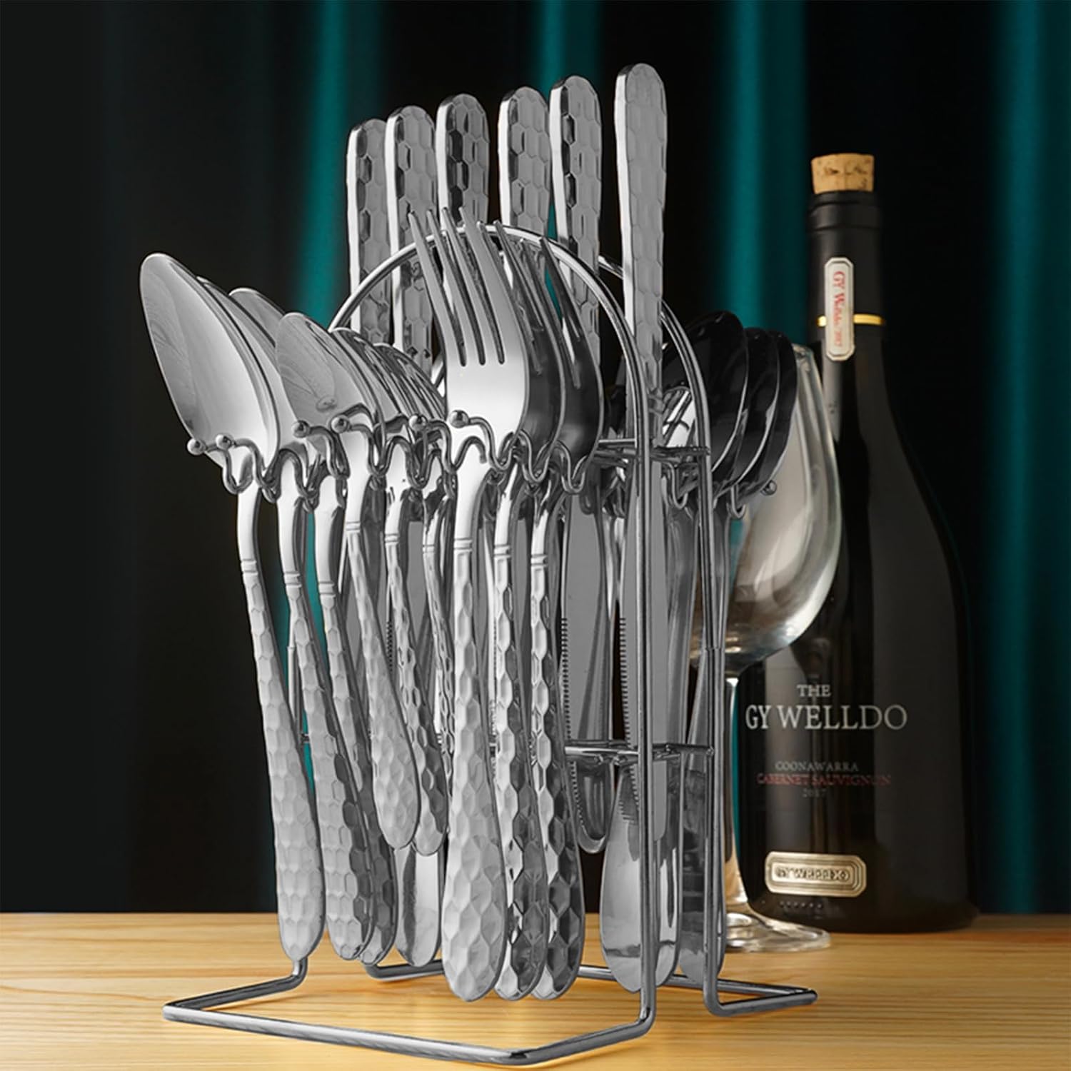 24 Piece Silverware Set with Hanging holder,Stainless Steel Flatware Cutlery Set-Fork Spoon and Knife Service for 6,Kitchen Utensil Tableware Set,Mirror Polished,Dishwasher Safe,Silvery