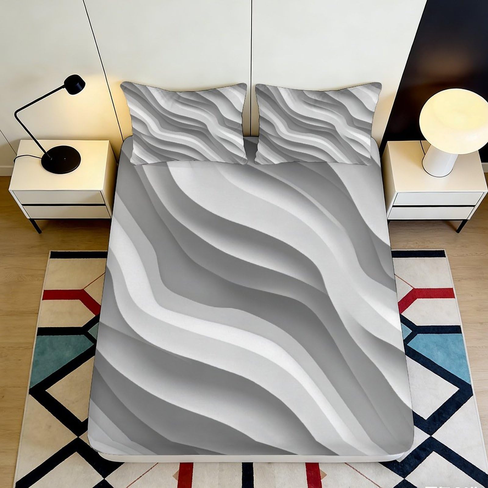 3D Printed Grey Wave Fitted Sheet Microfiber Soft Breathable Abstract Bed Cover for Bedroom Dormitory Guest Room Protection Decor 200x200x25cm