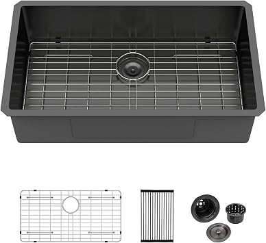 Logmey 32 Black Undermount Kitchen Sink - 32x18 Inch Kitchen Sink Stainless Steel Undermount Sink 16 Gauge Single Bowl Under Counter Kitchen Sink