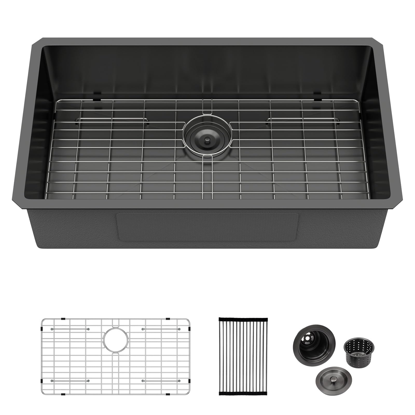 Logmey 33 Inch Black Undermount Kitchen Sink - 33x19x9 Inch Gunmetal Black Stainless steel Single Bowl 16-Gauge Kitchen Sink