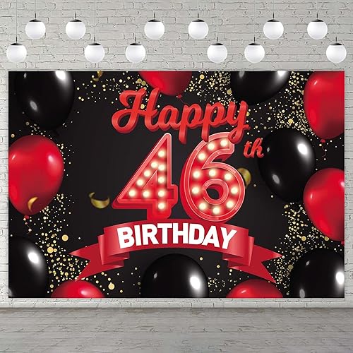 Cartel de feliz cumpleaños número 46, color rojo y negro, decoración temática de globos para niñas y mujeres, princesas de 46 años, fiesta de