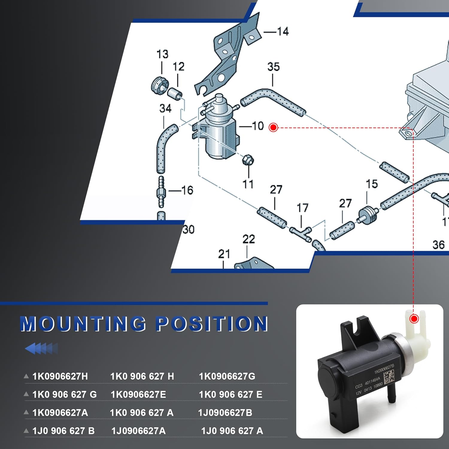 1K0906627E Turbo Boost Pressure Vacuum Control Solenoid Valve 1K0906627B Compatible with Audi A3 A4 VW Bora Golf Passat Touareg Skoda 1.9/2.0/2.5TDI