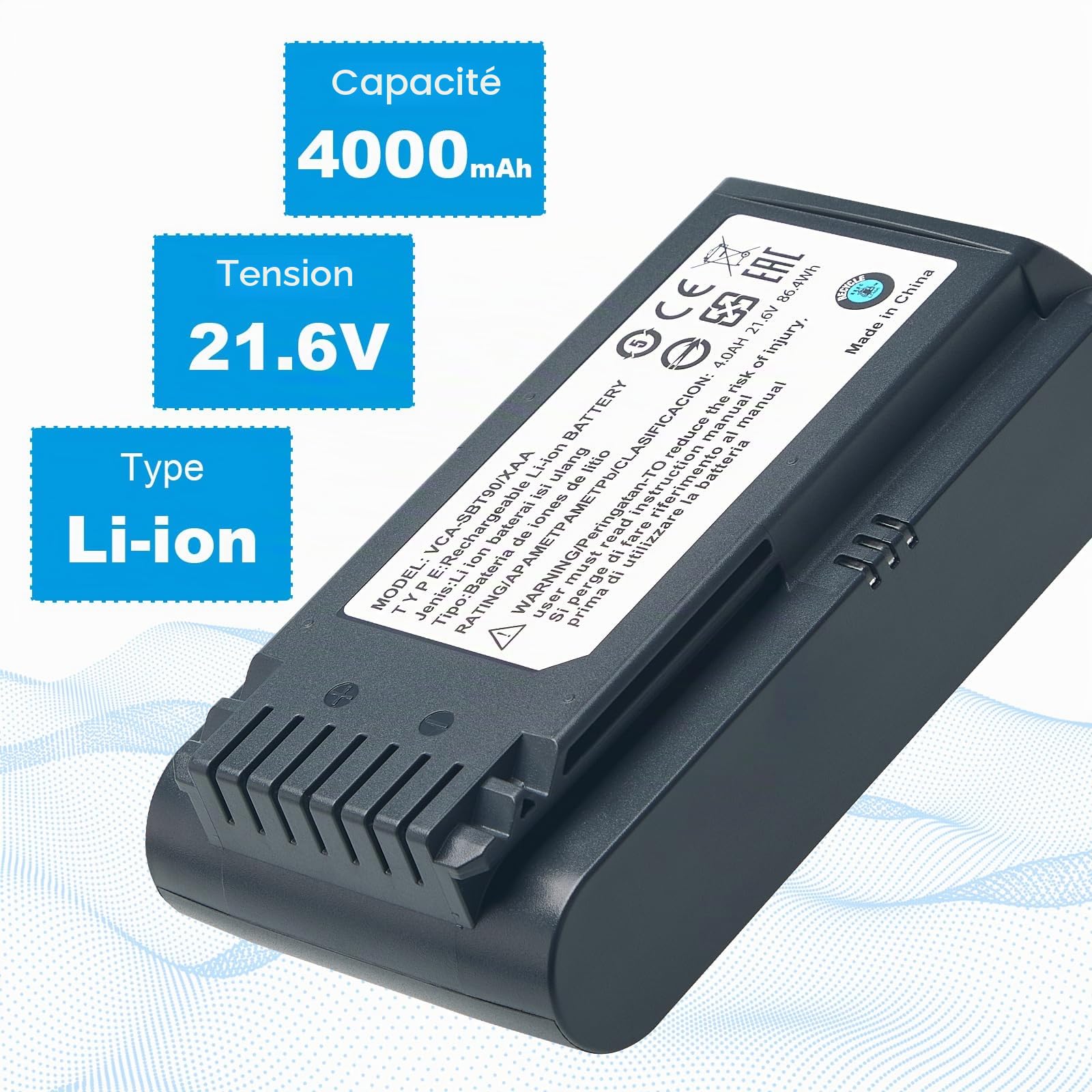 Batterie de remplacement 4,0 Ah pour aspirateurs à batterie Samsung Jet 60, Jet 70, 75, 75+ et Jet 90/90+, compatible avec les modèles VCA-SBTA60, VCA-SBT90 et VCA-SBT90EB