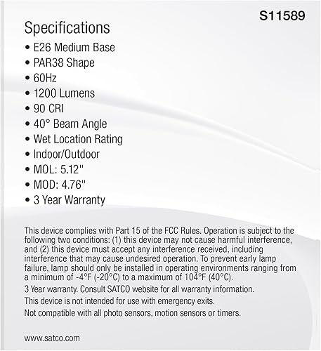Miniatura 5 de Satco S11589 LED PAR38 de 13.3 vatios base media acabado plateado CCT seleccionable 120 voltios ángulo de haz de 40 grados 13.3PAR38LED5CCTFL120V