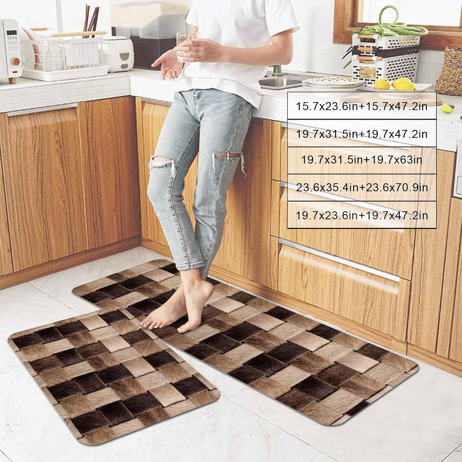 Rustic Brown Plaid Kitchen Mat Set 2 Pieces Country Vintage Ethnic Abstract Bronze Checked Non Slip Kitchen Rugs Washable Runner Rug Mats for Floor Sink Laundry Office 19.7" x 31.5"+19.7" x 63"