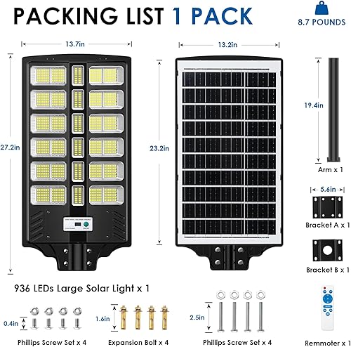 Miniatura 7 de 9000W Solar Street Lights, Solar Lights Outdoor IP67 Waterproof with Motion Sensor, Solar Parking Lot Lights Commercial Dusk to Dawn, 7000K LED