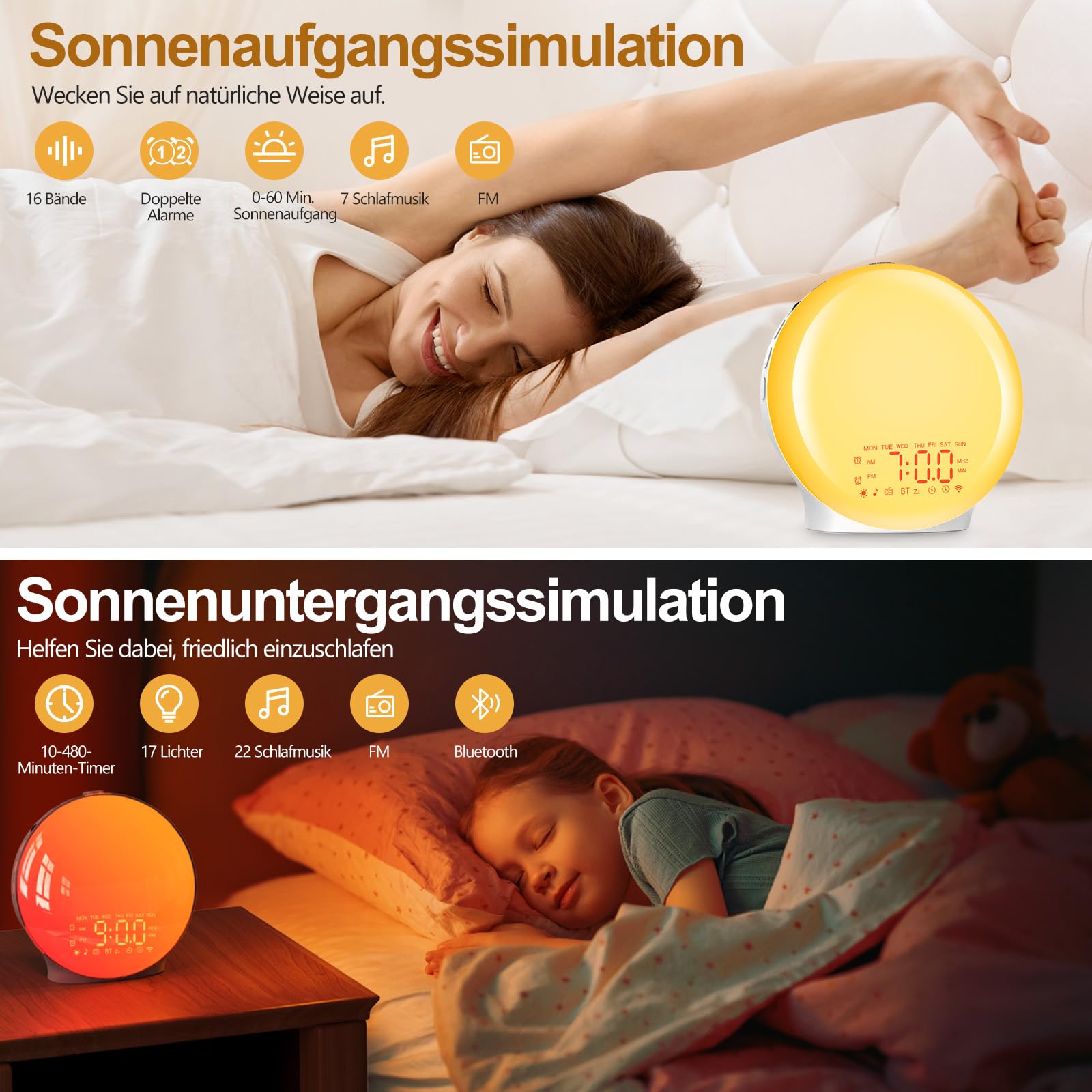 Suright Bluetooth Lichtwecker,Tageslichtwecker, Wake Up Light mit Sonnenaufgang Sonnenuntergang Simulation,17 Farblicht,22 Schlafgeräusche,Snooze,zwei Alarme,UKW-Radio, für schwere Schläfer&Kinder