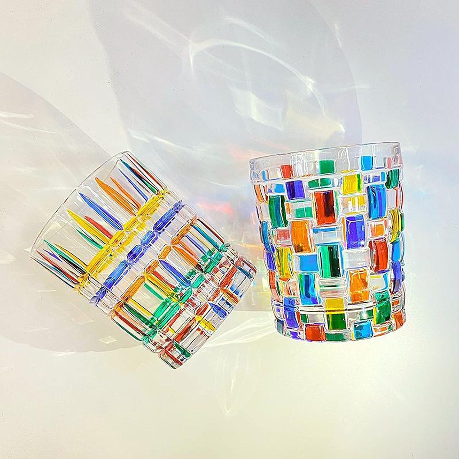 CHENGXINWENHUA 2pcs Murano Style Glass Venetian Art Glass Cups Hand Colored Italian Glassware (stripe)