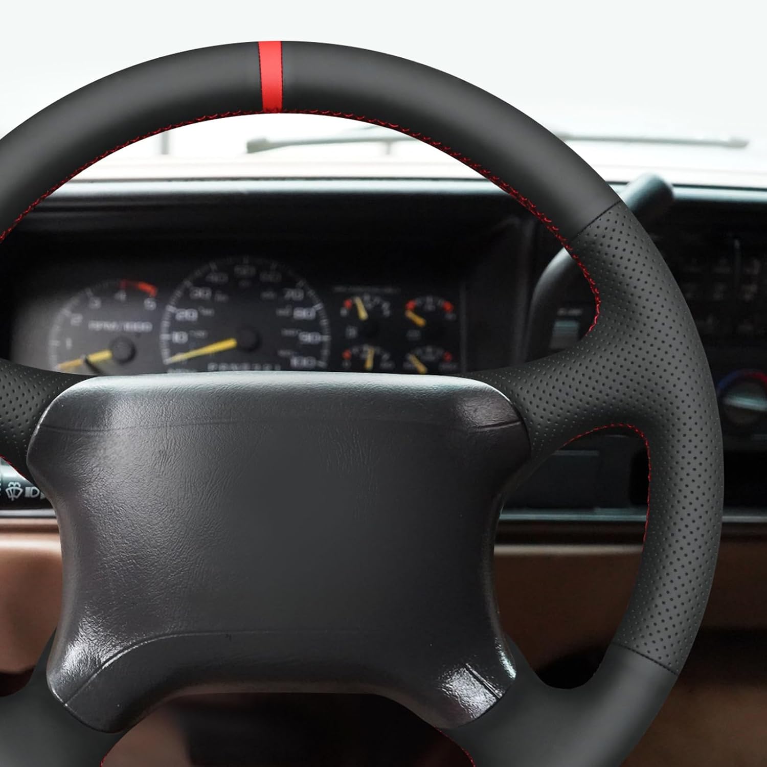 MEWANT Hand Stitch Black Genuine Leather Steering Wheel Cover for Chevy Tahoe 1995-1997 Silverado C1500 C2500 1995-1997