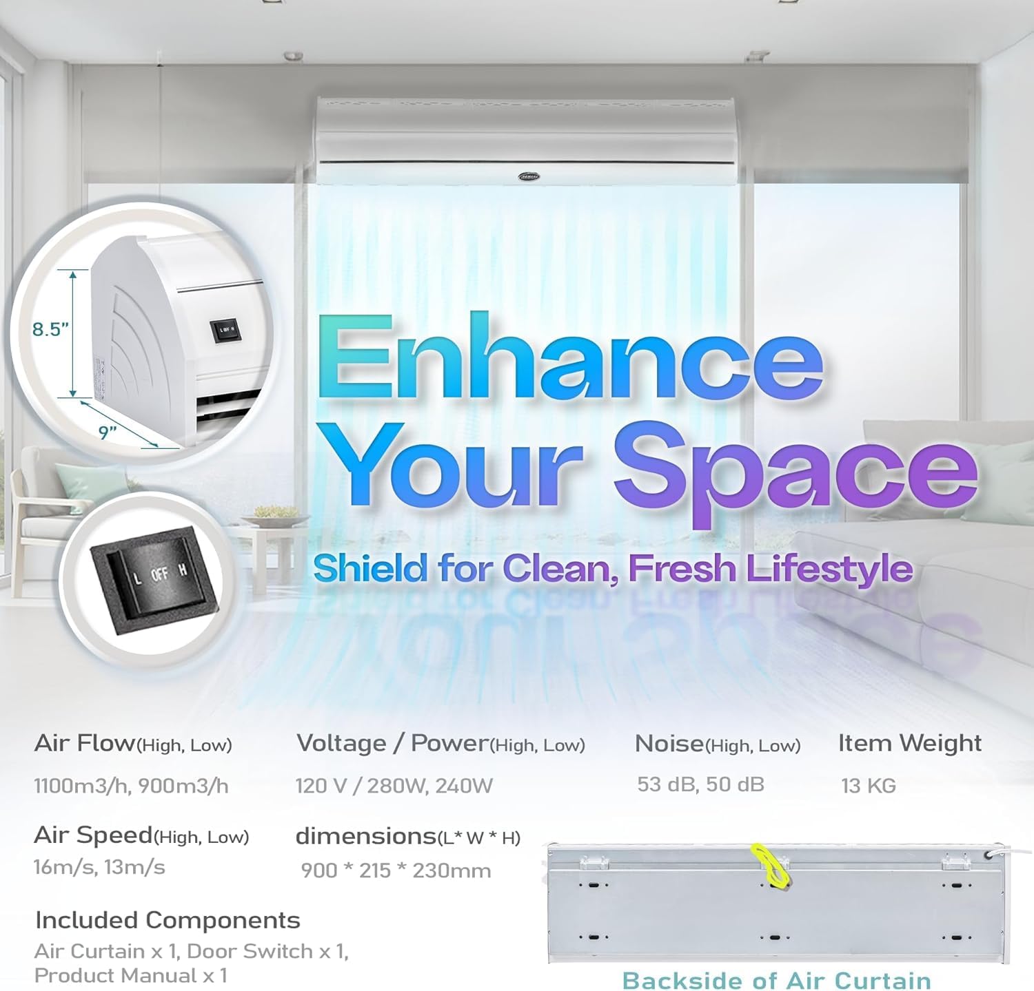 DuraSteel Wall Mounted Air Curtains for Doors Commercial - 36 Inch White Fly Fans - Super Power Over Door Fan with MS Switch - Sliding Under Door Fans to Move Air Curtain Blower Keep Flies Bugs Out