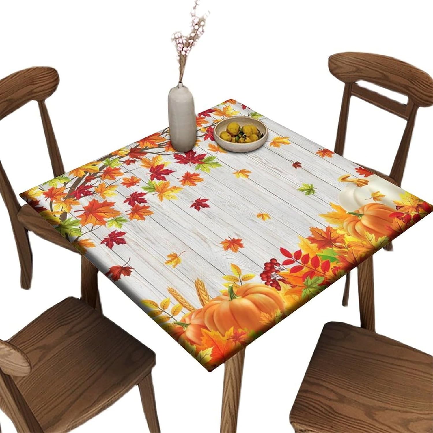 Fitted Square Tablecloths, Farmhouse Falling Maple Leaves Rustic Wooden Board Polyester Table Cover, for Outdoor Picnic Camping and Indoor Kitchen Dining Party, Fit for 36" x 36"Square Table