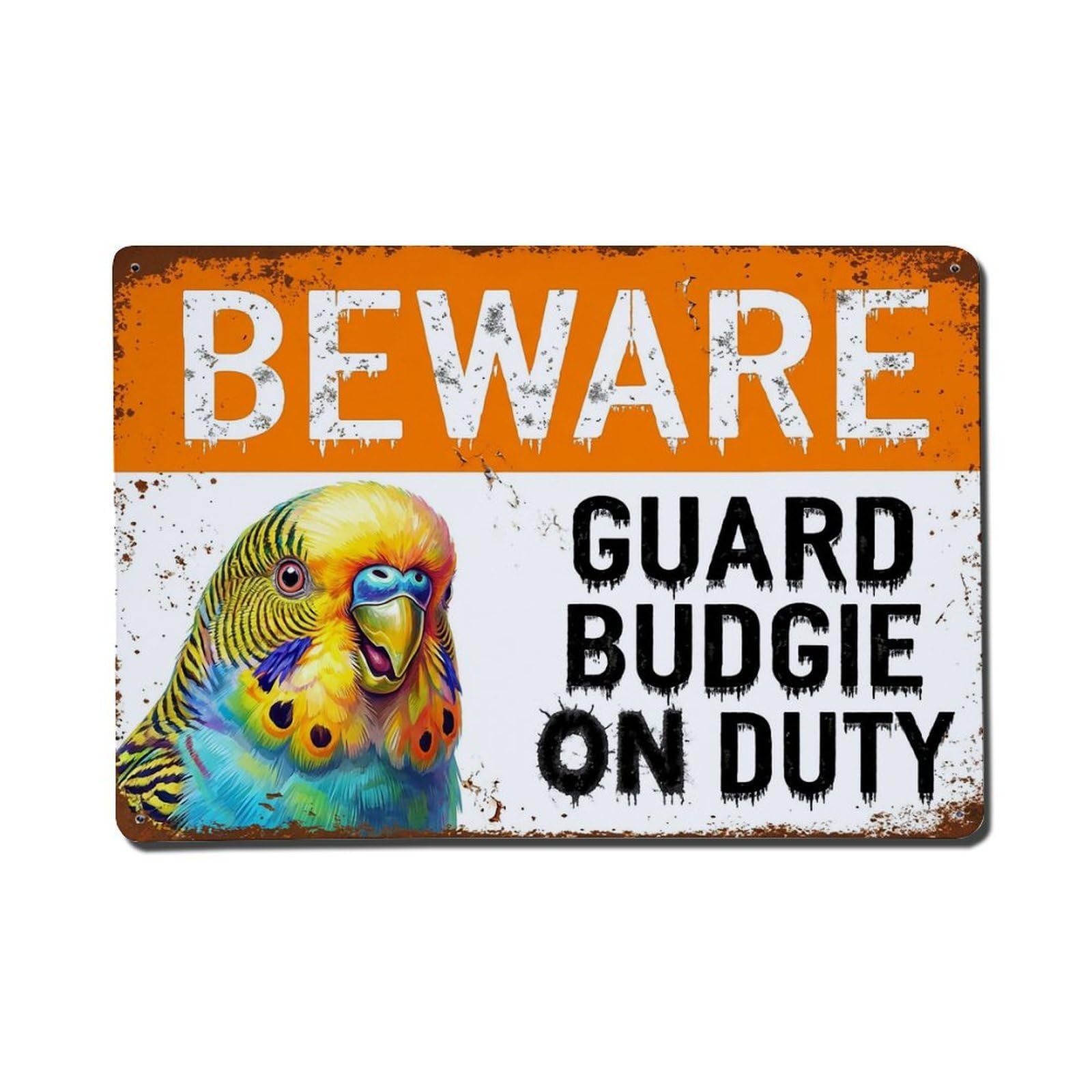 Vintage Funny Budgie Guard Beware of Bird Stairway Metal Tin Sign Plaque Wall Decor for Cafe, Club Bar, Office, Garden Metal Poster 8x12Inch