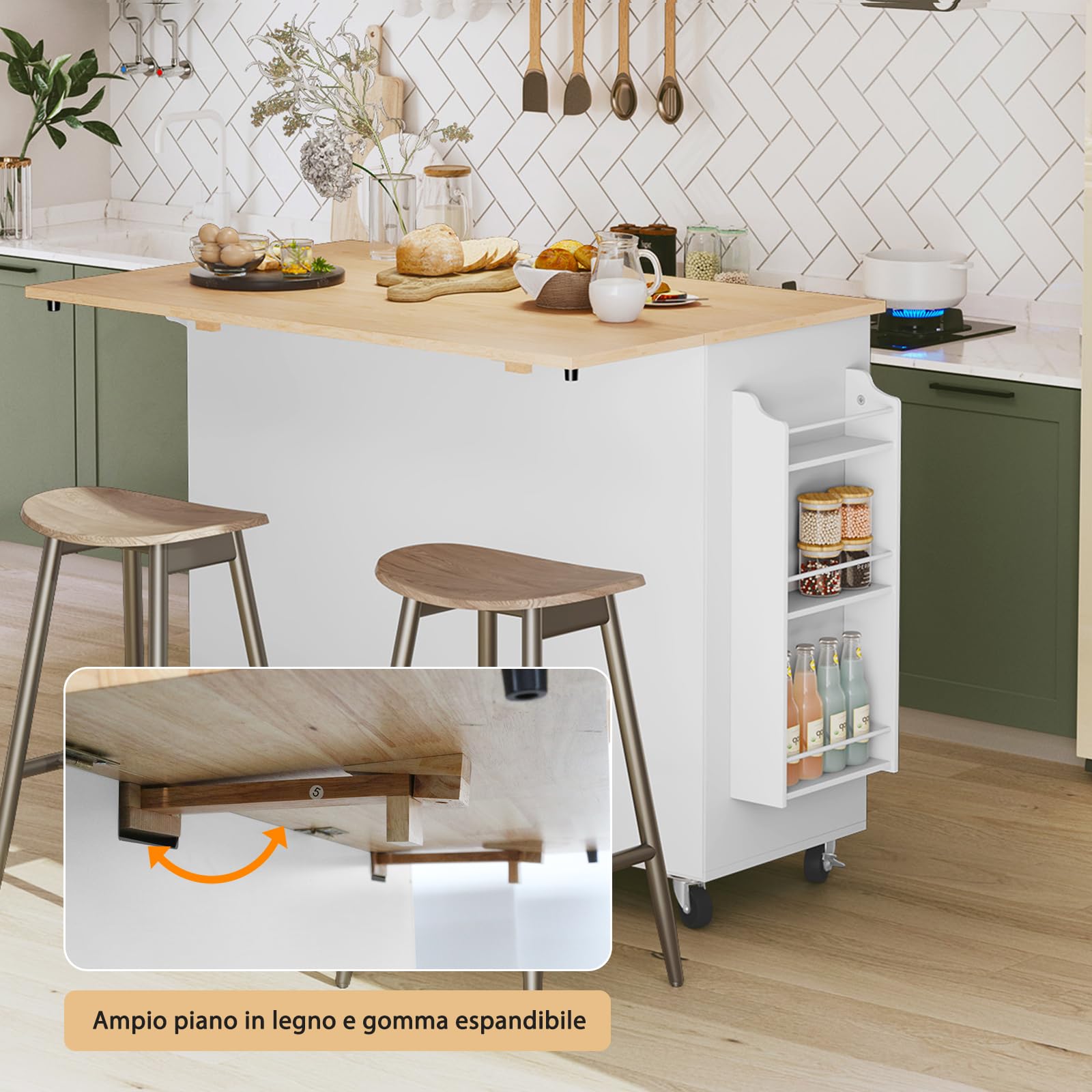 HOLTICO Isola da Cucina su Ruote con Piano in Legno di Gomma, Isola con Ripiani Regolabili, Cassetti e Portaspezie, Mobile Multifunzione, Bianco
