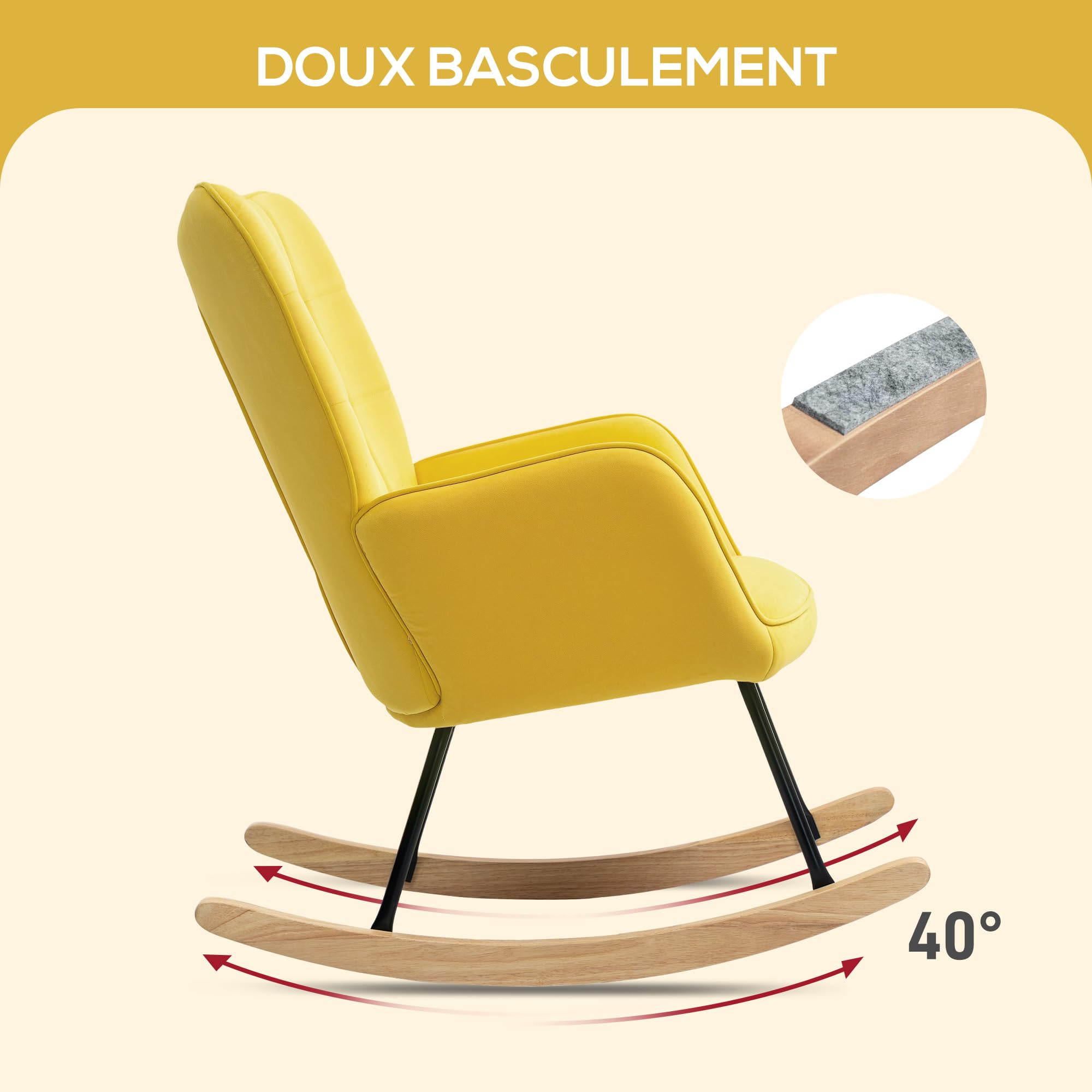 HOMCOM Fauteuil à Bascule Rocking Chair Velours Acier Pieds Bois Massif Jaune
