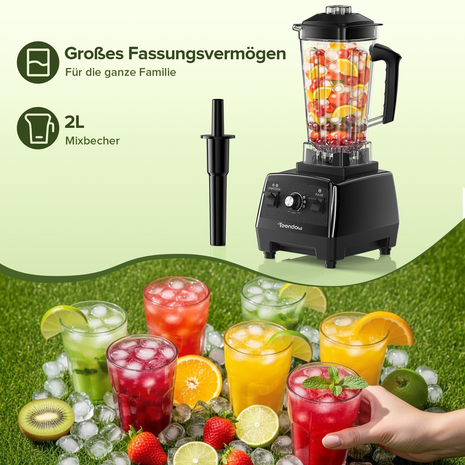 Blender professionnel 1600W, mixeur 2L haute puissance avec 6 lames inox