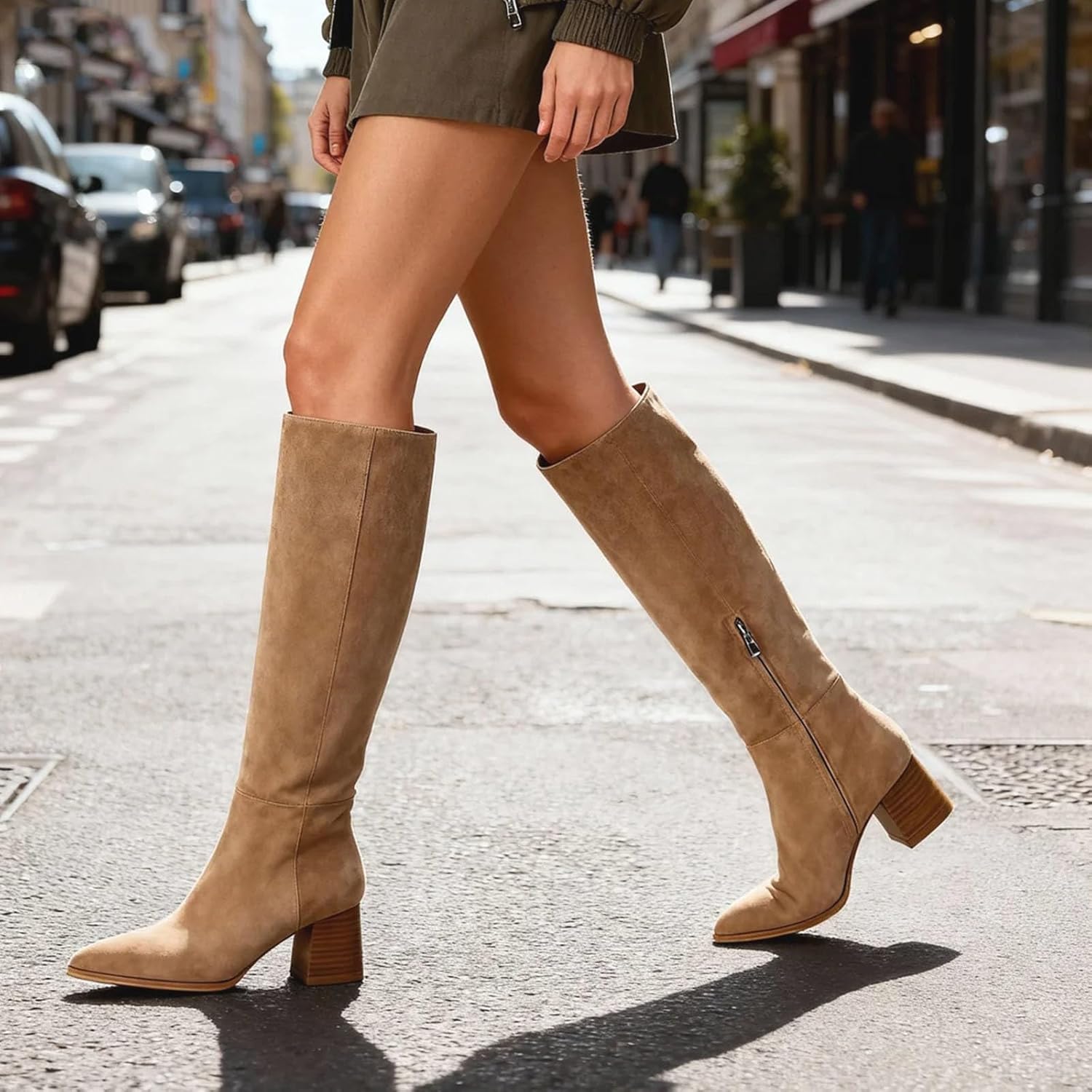 MICIFA Suede Knee High Boots for Women Pointed Toe Chunky Heel Tall Boots Side Zipper Long Boots Comfortable Casual