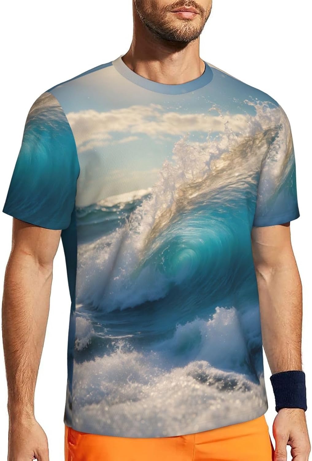 Ocean Sea Wave Print Mens Short Sleeve Mesh T-Shirt Breathable Athletic Gym Running Casual Sports Wear