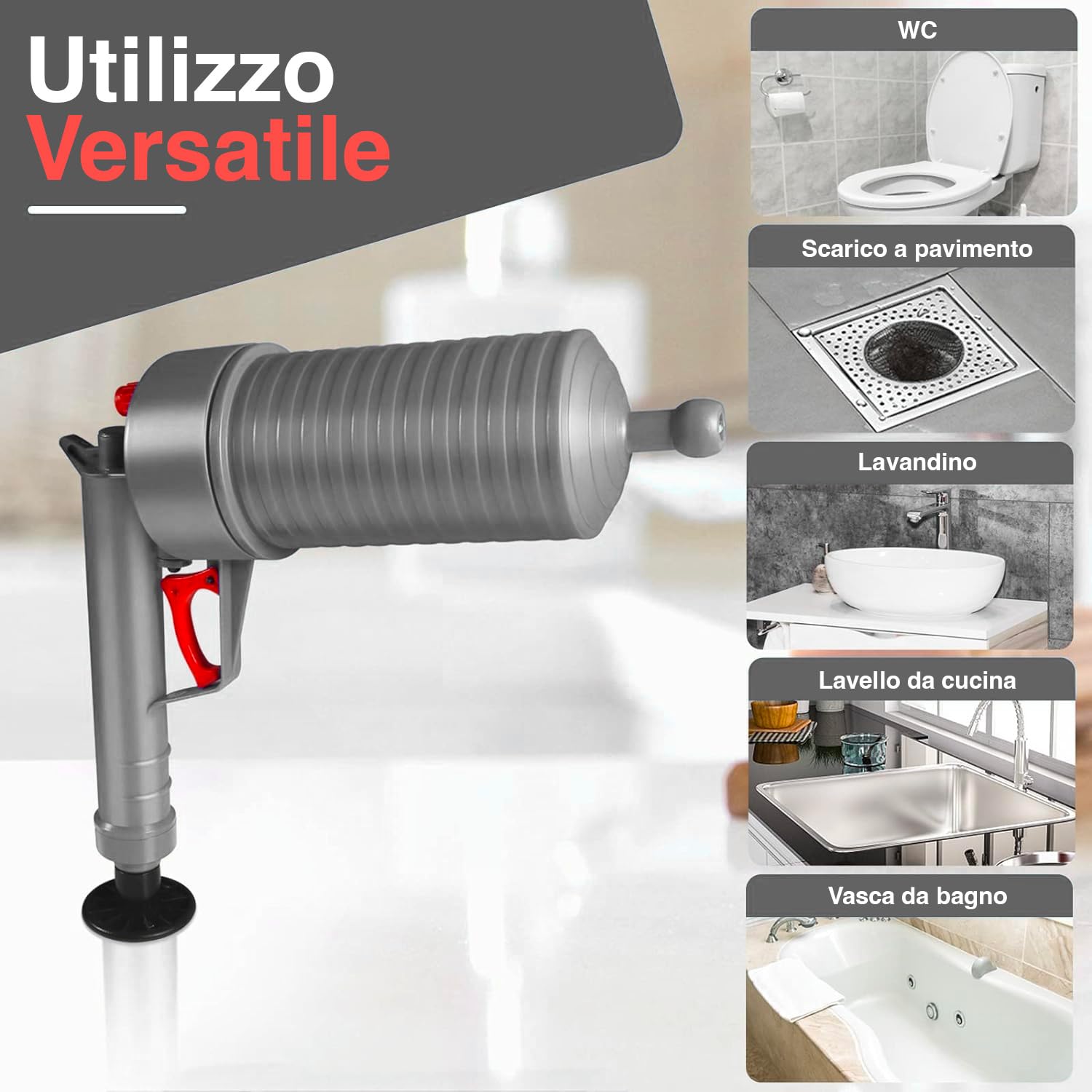 Avilia Pistola Sturalavandini ad Aria Compressa Ecologica - Disgorgatore con 4 Adattatori Universali, per Sturare Efficacemente tutti i Tipi di Scarico, in ABS, PVC, Polipropilene, 28x9x28cm