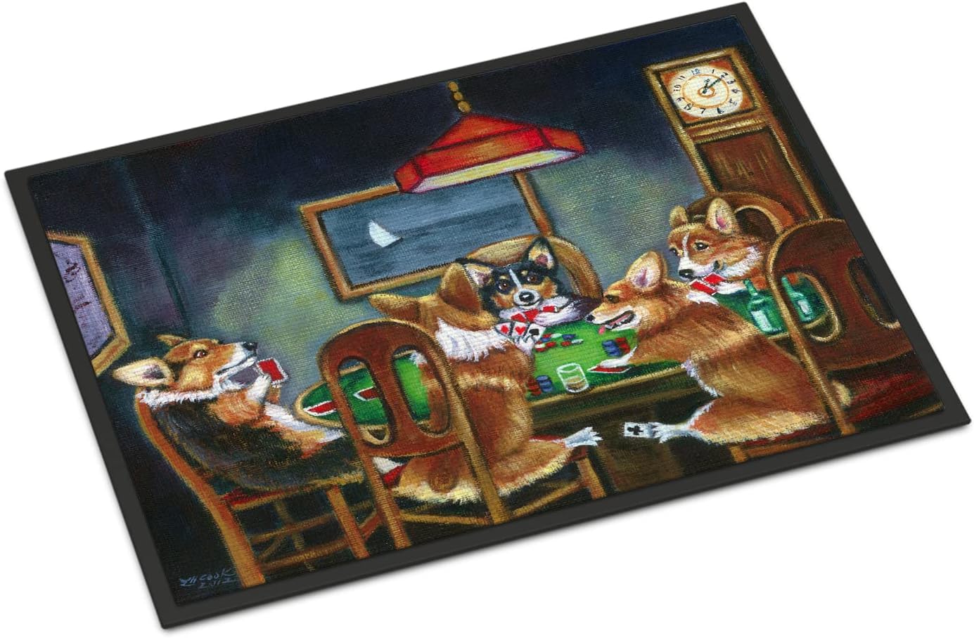Caroline's Treasures 7416JMAT Corgi Playing Poker Doormat 24x36 Front Door Mat Indoor Outdoor Rugs for Entryway, Non Slip Washable Low Pile, 24H X 36W