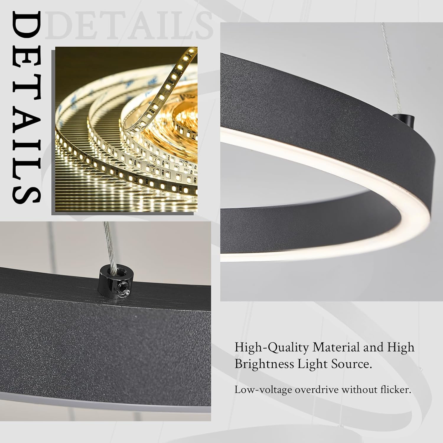 5-Ring Chandelier Black Modern LED Chandeliers High Ceiling 31" Large Foyer Chandelier Entryway Dimmable Pendant Light Fixture for Living Room Staircase, 3000K-6500K