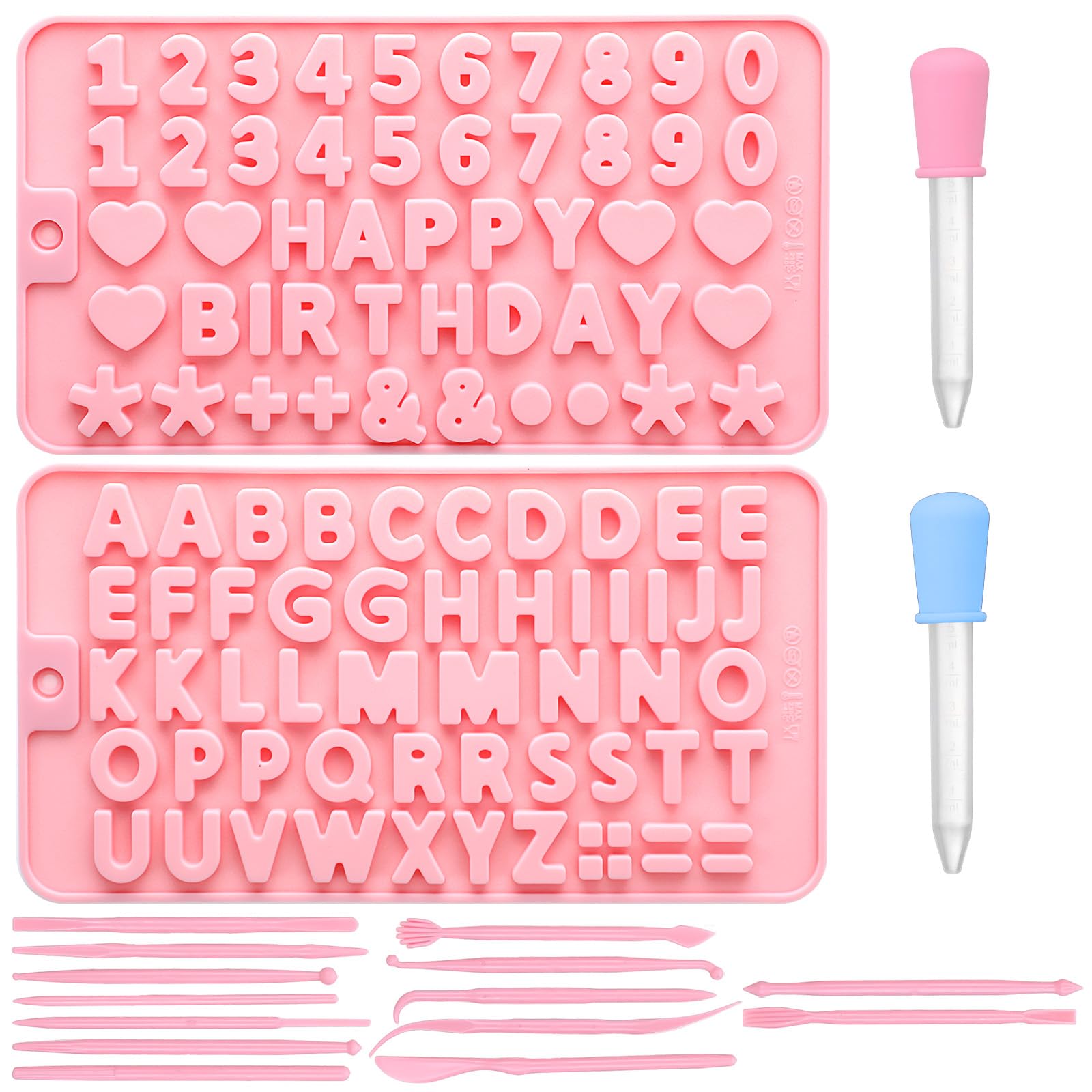 2Pcs Silicone Letter Mould and Number Chocolate Molds, Alphabets & Numbers Candy Baking Mold with 2 Droppers, Reusable Baking Tool for Birthday Cake Decoration Jelly DIY