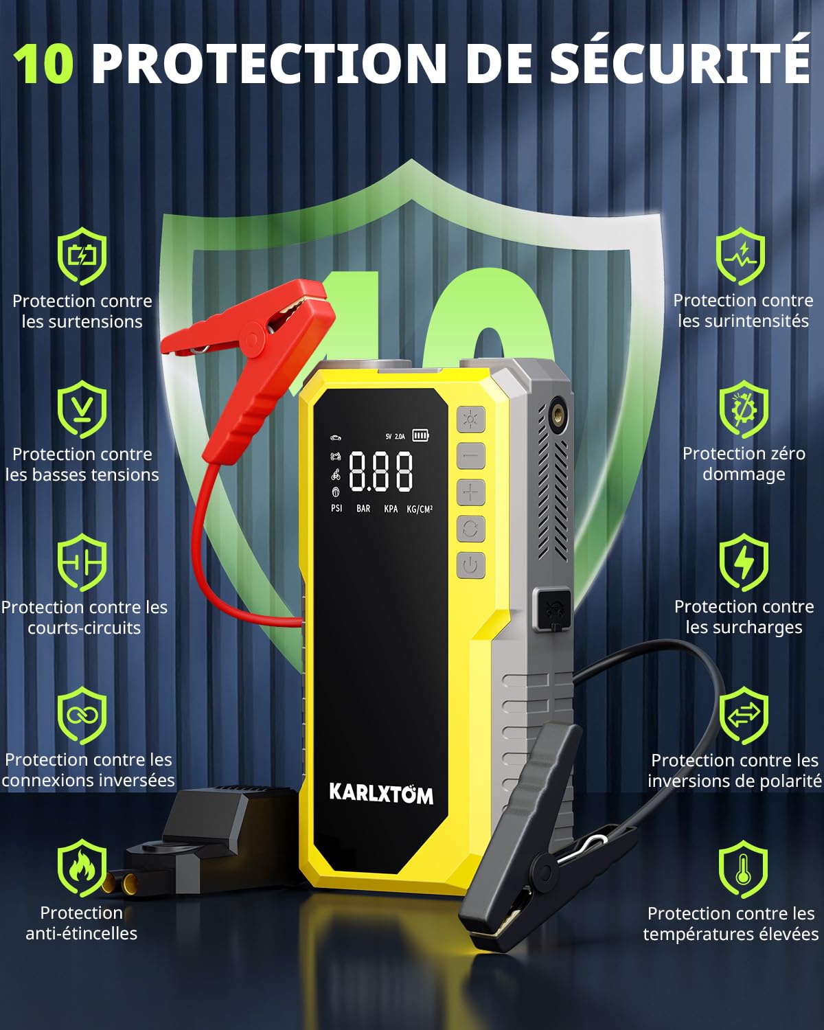 Karlxtom Booster Batterie Voiture avec 190 PSI Gonfleur, 12V Booster Voiture Puissant(Tous Gaz ou 10L Diesel), Écran LCD, 500LM Eclairage de Secours, Banque d'alimentation