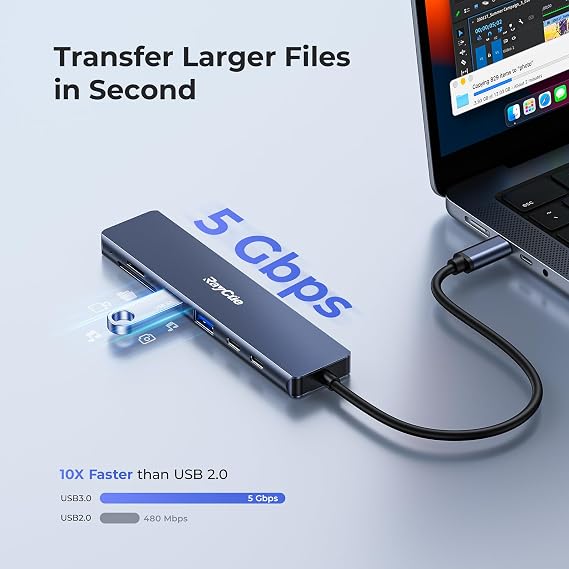 USB C Hub, RayCue 7 in 1 USB C to HDMI Splitter, 2 USB 3.1 GEN1 and 5Gbps Type-C Data Port, 4K HDMI Port, PD 100W Charging, SD Card Reader, for iPad Pro MacBook Pro Laptops and More