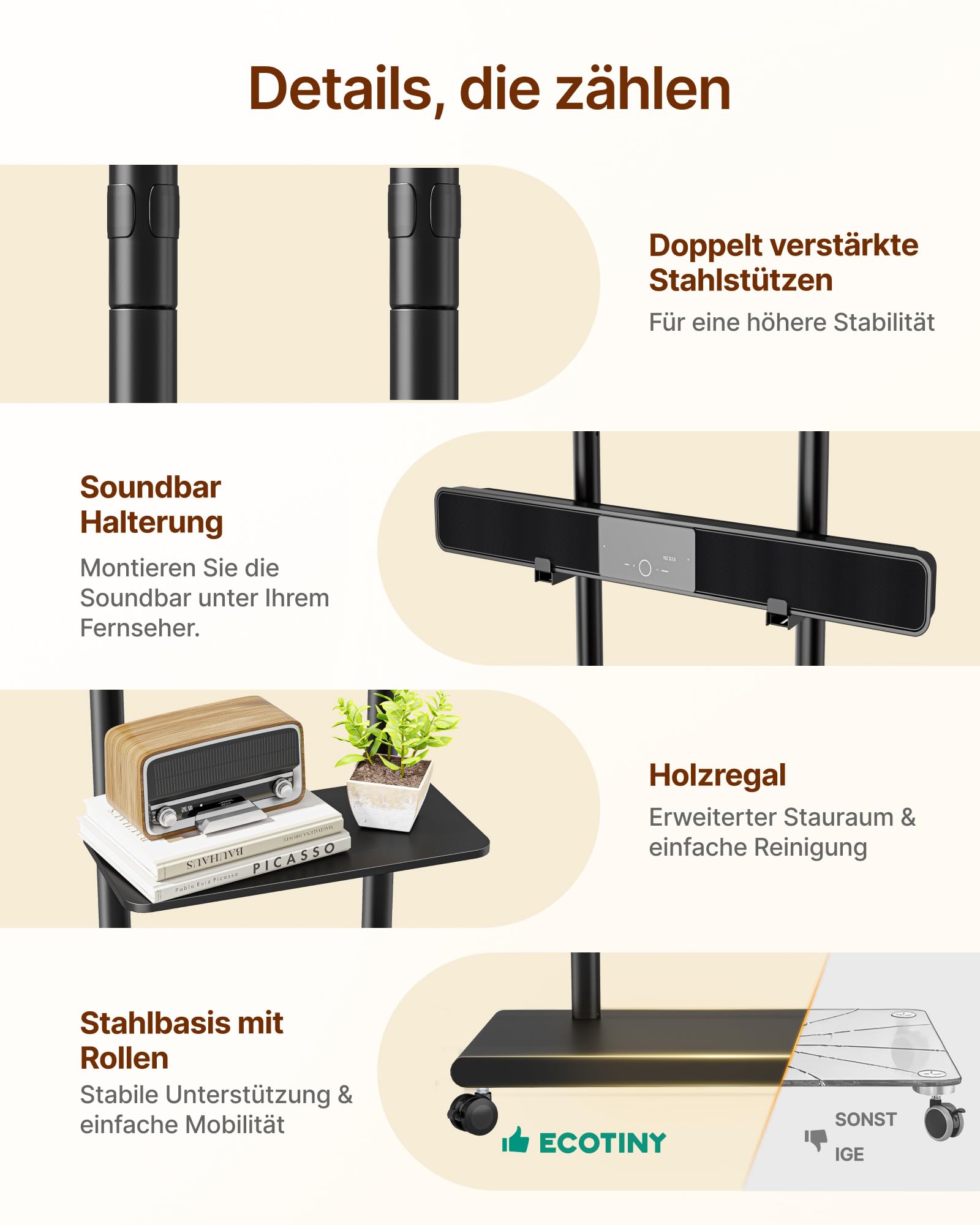 TV Ständer Rollbar mit Soundbar Halterung für 37-75 Zoll bis 70kg | Max VESA 600x400mm, Höhenverstellbar, Schwenkbar Neigbar, Stahl Fernseh Ständer mit Rollen, Stabile Doppelsäule & Ablage