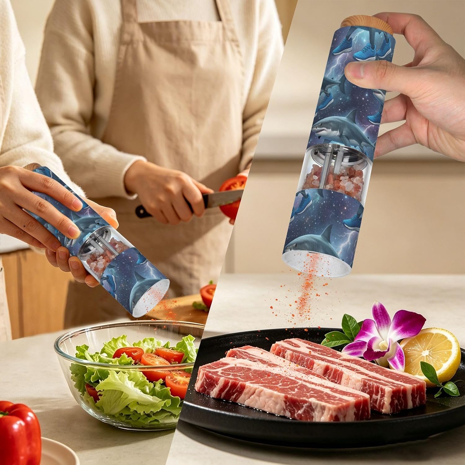ALAZA Electric Pepper Grinder with Adjustable Coarseness, Italian Brainrot Meme Tralalero Tralala Shark 1 Battery Automatic Salt and Pepper Mill with Led, One-Handed Operation Spice Grinder for Kitche