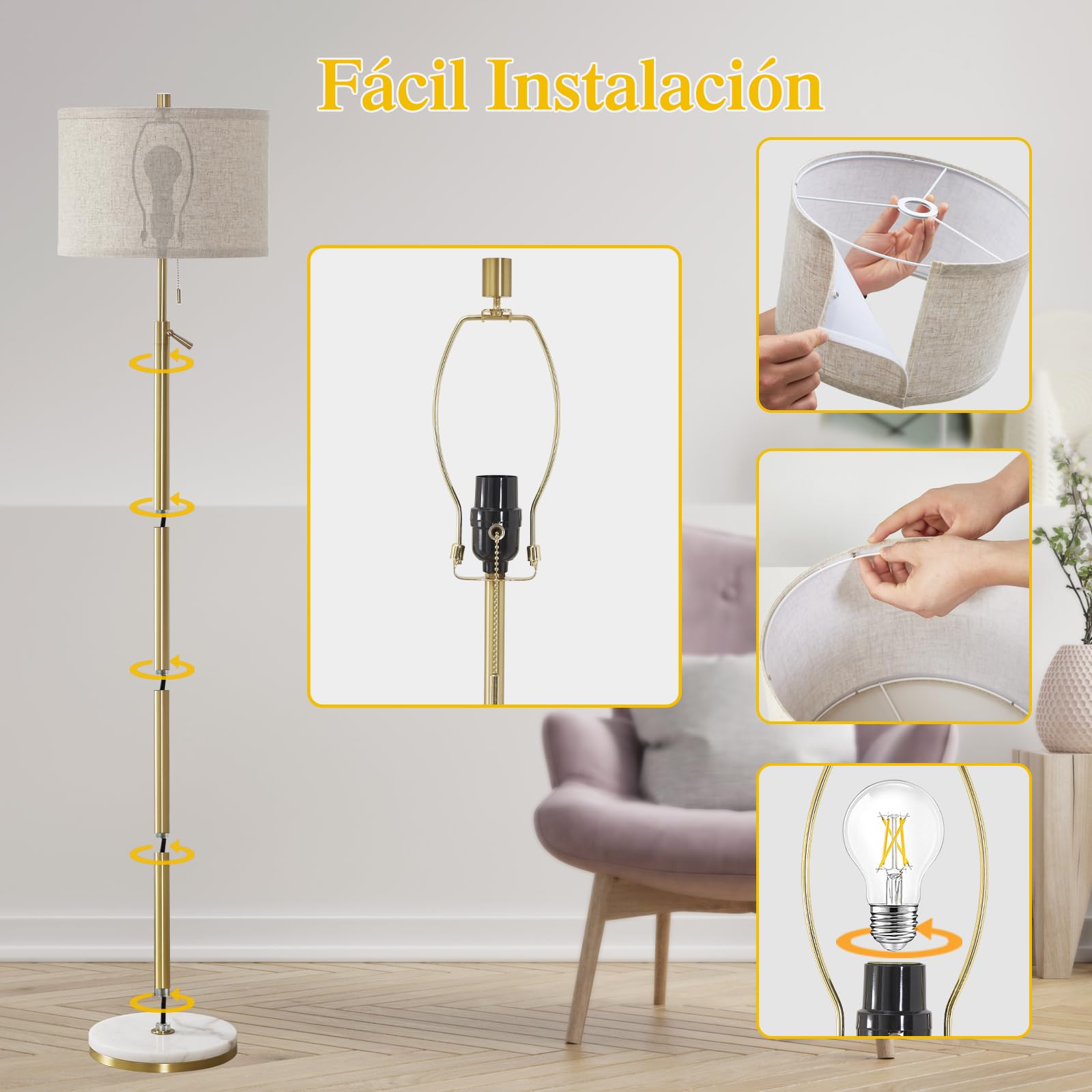 GyroVu Lámpara de pie para salón, dorada, con base de mármol y pantalla de lino, altura regulable con interruptor de cadena, lámpara de pie moderna para salón, dormitorio, hotel y oficina