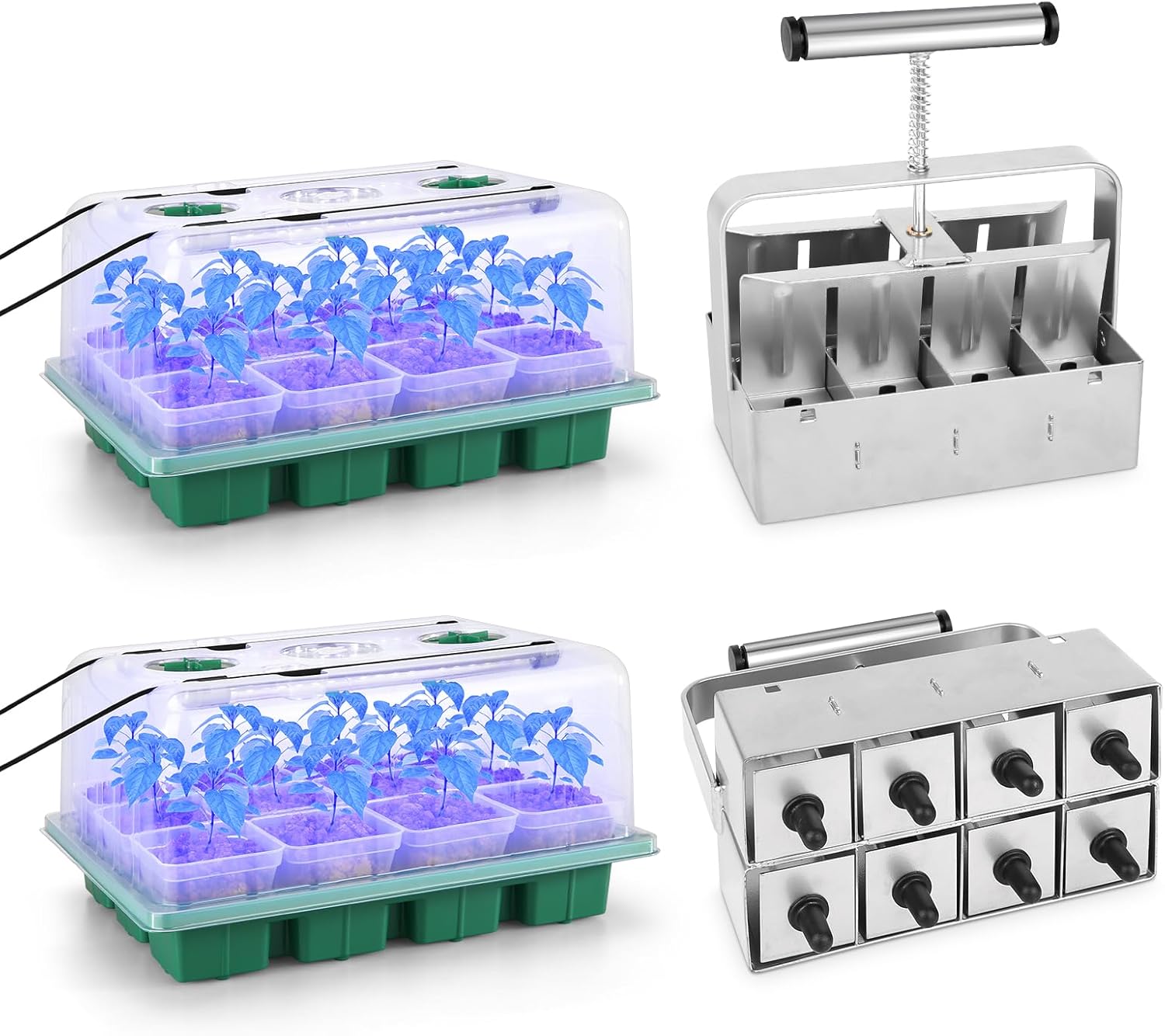 BlumWay Large Size 2 Pack 24 Cell Seed Starter Kit with Bigger Seed Starter Cup & 2 Inch 8 Cell Upgraded Soil Blocker