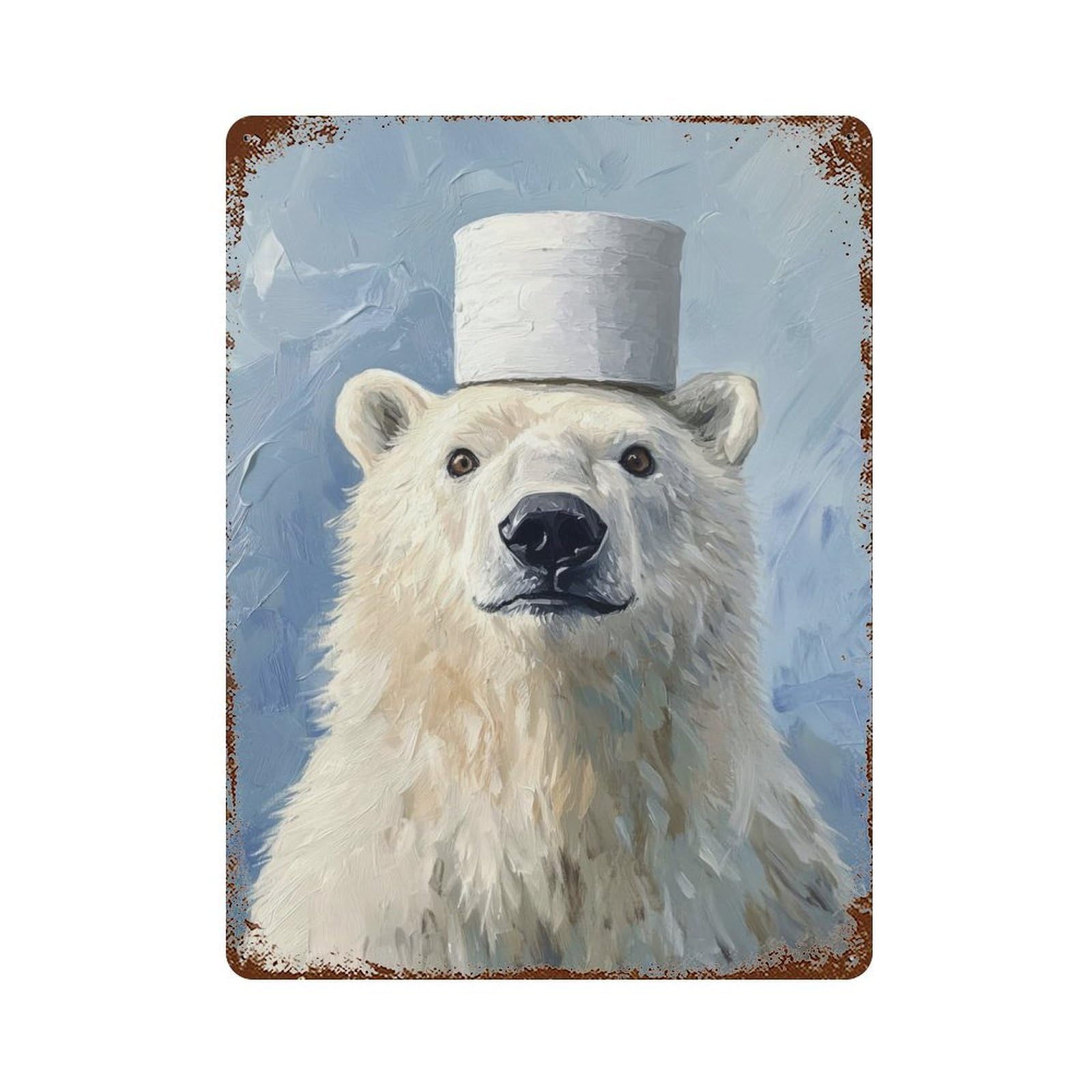 Polar Bear with Toilet Paper Hat Rustic Tin Plaque 15.7"x11.8", Novelty Wall Decor for Garage, Pub Or Kitchen
