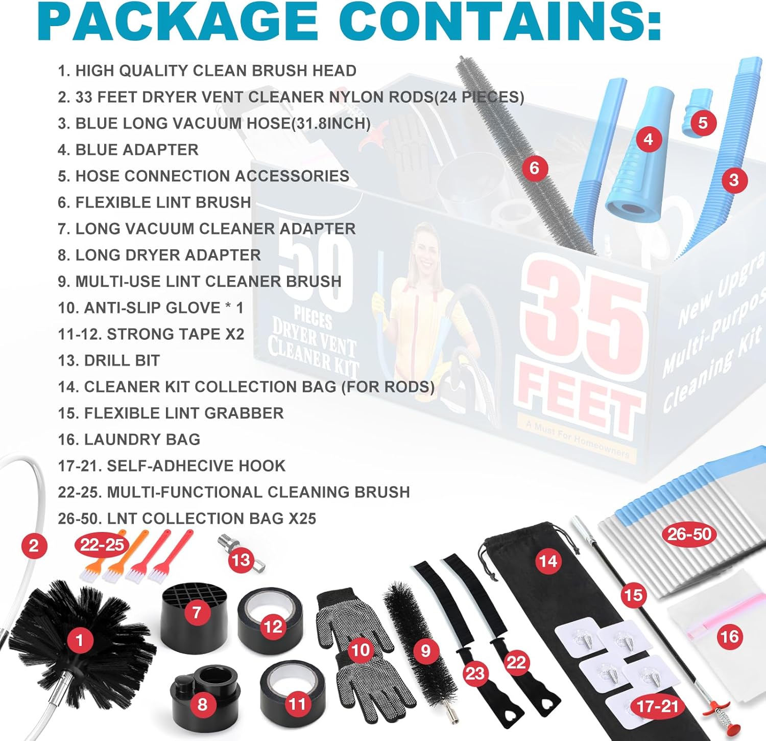 Sealegend 50-Pieces 35-Feet Dryer Vent Cleaner Kit, Dryer Cleaning Tools, Include Omnidirectional Blue Dryer Lint Vacuum Attachment, Dryer Vent Brush, Universal Vacuum & Dryer Adapters