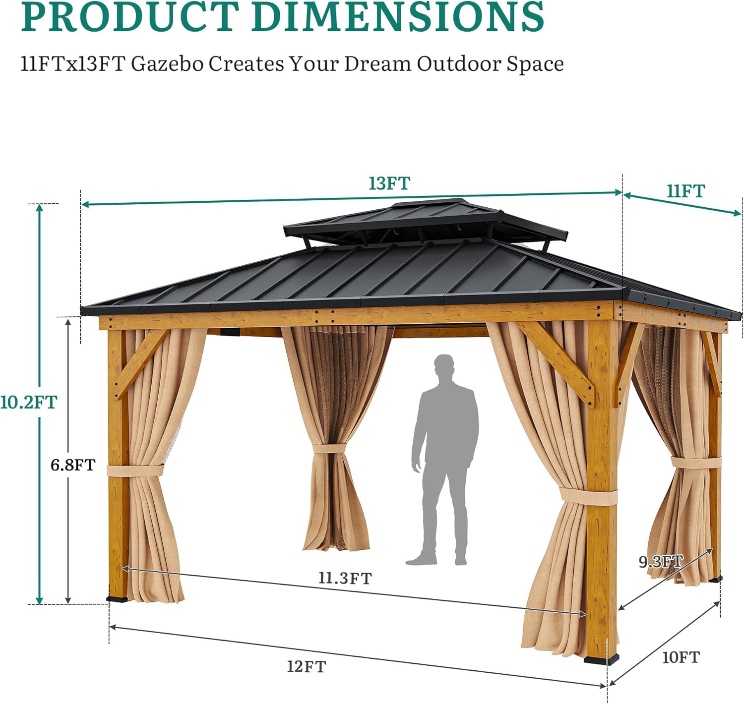 YITAHOME 11X13 Wood Gazebo Hardtop with Nettings and Curtains, Heavy Duty Double Roof Galvanized Steel Outdoor Wood Frame Roof for Patio, Backyard, Deck, Lawns