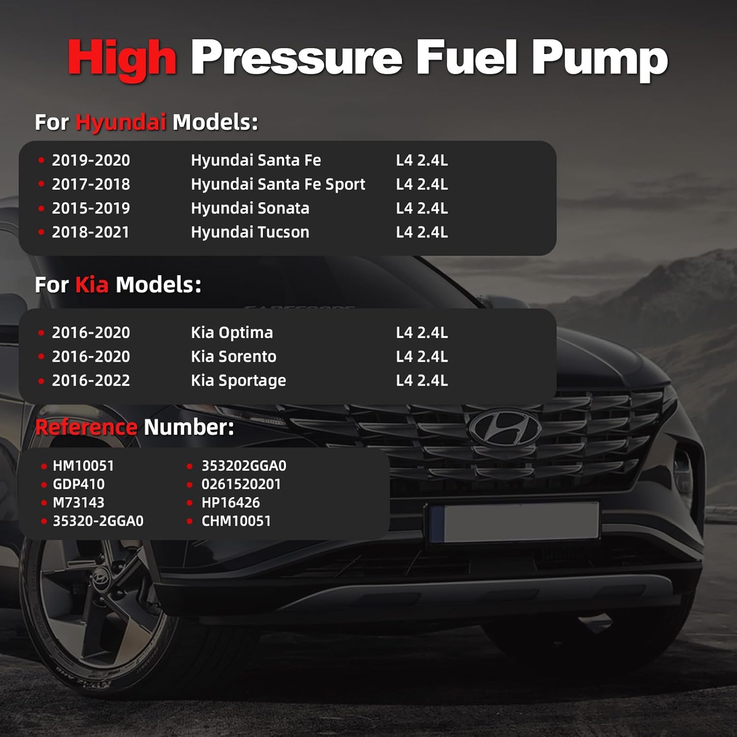 High Pressure Fuel Pump Compatible with 2015-2019 Hyundai Sonata, 2017-2021 Santa Fe, Santa Fe Sport, Tucson, 2016-2022 Kia Optima Sorento Sportage L4 2.4L Replace 353202GGA0 (Standard Version)
