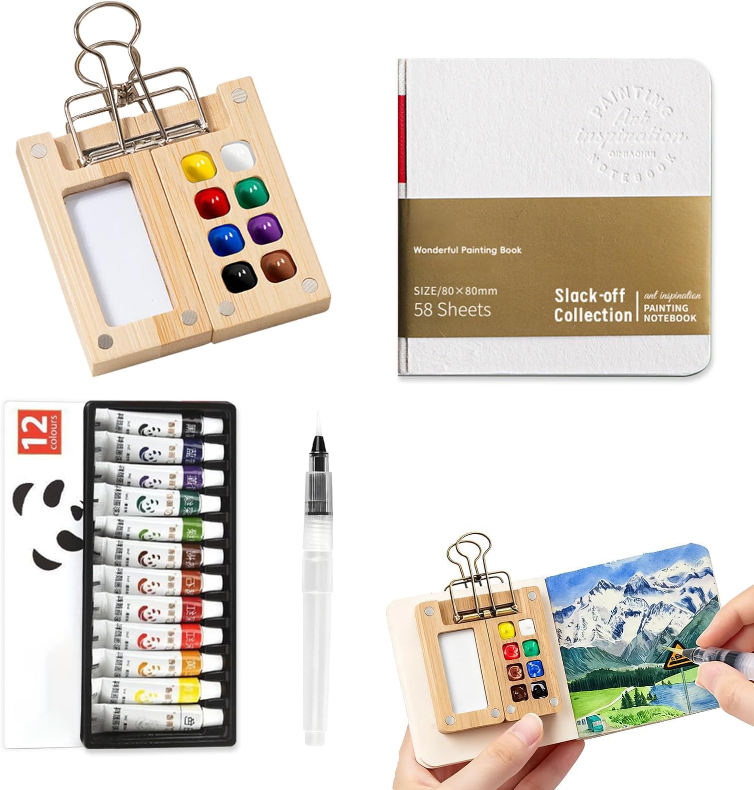 Mini Paint Palette Travel Kit, Travel Watercolor Palette Set, Pocket Artist Water Color Travel Set with Colors, Binder Clips, Watercolor Pens, Wooden Paint Box for Painters Artists Students 12 Colors