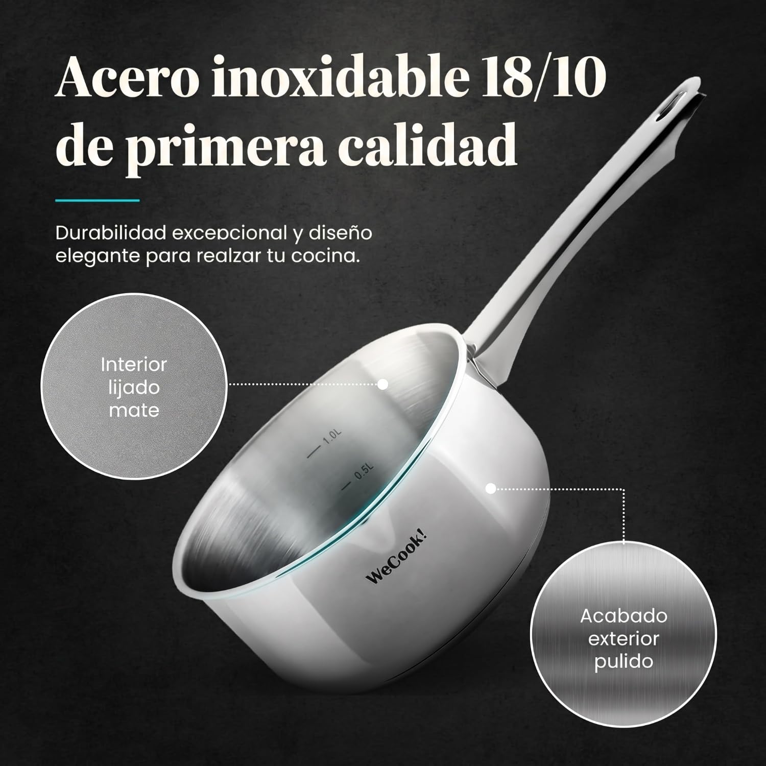 WECOOK Cazo Acero Inox 18/10, Ø 18 cm, 2,1 L, Inducción, Base Tricapa | Fondo termodifusor de 4,3 mm, pico vertedor, escala medidora, horno hasta 200 °C, lavavajillas