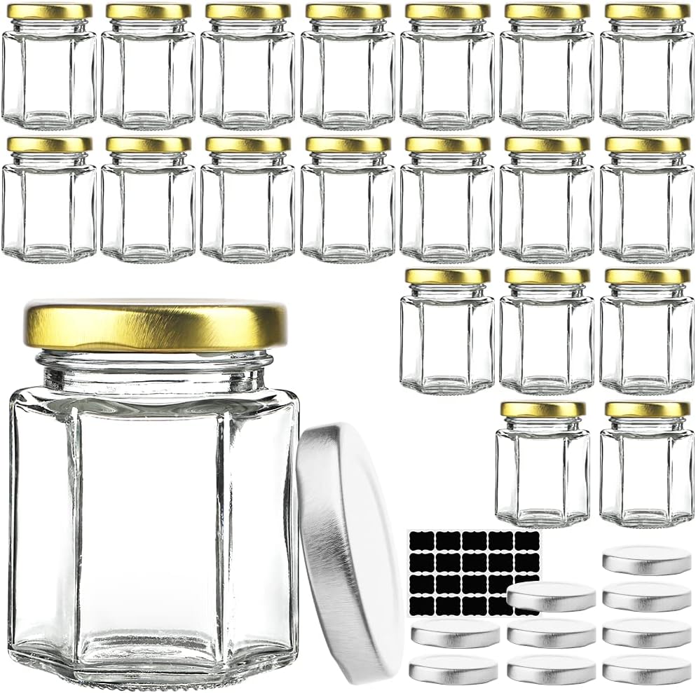Syntic 20 Pcs 4 oz Hexagon Jars/Glass Jars with Gold Lid, Canning Jars for Wedding, Party Favors, Extra 10 Silver Lids, Chalkboard Labels