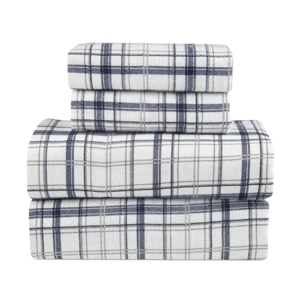 Flannel Sheets Queen Size Rich Cotton -High GSM Flannel Bed Sheet Deep Pockets - Warm & Cozy Flannel Sheet Set for All Seasons (Plaid on Chambray)