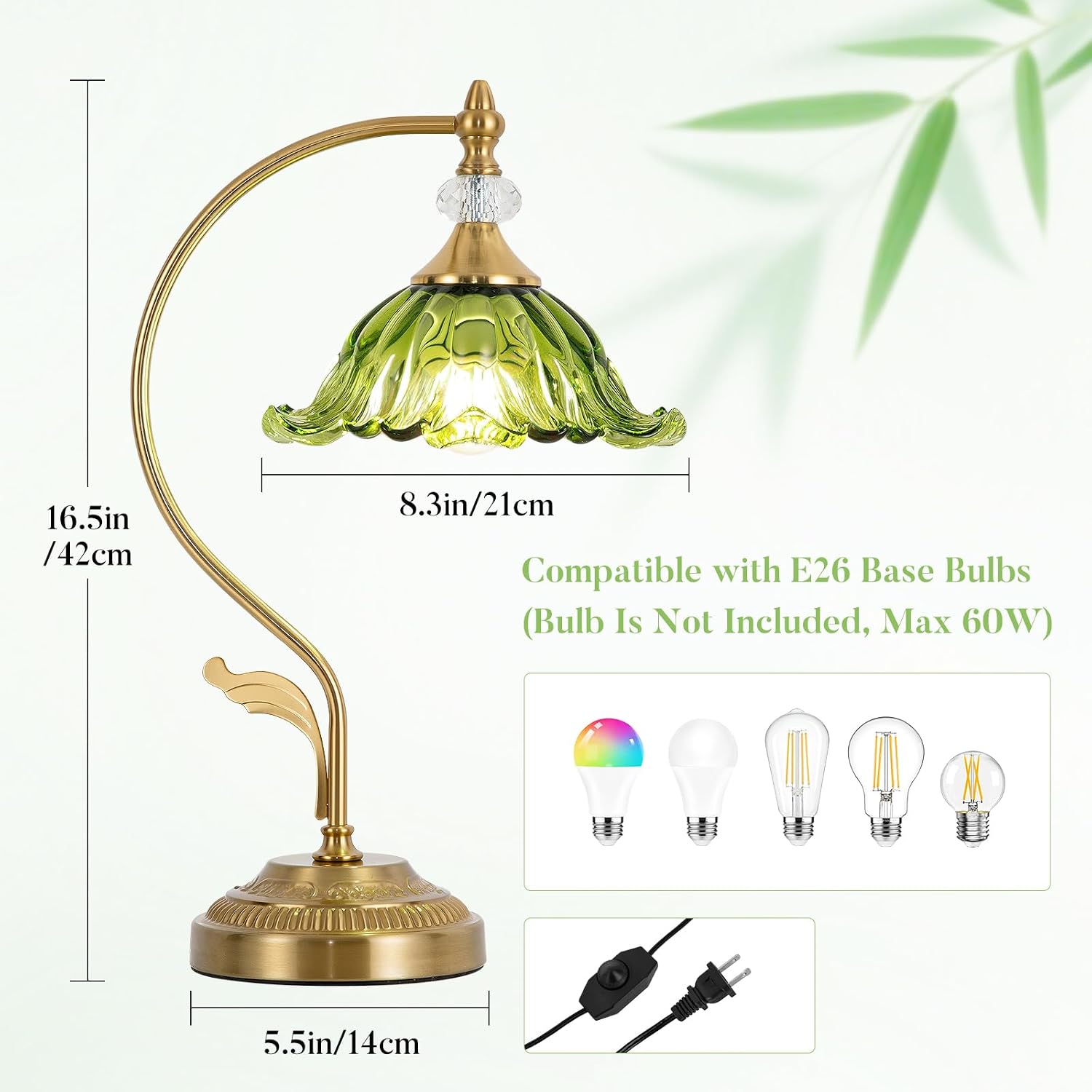 Vintage Floral Table Lamp, Plug in Mid-Century Modern Desk Lamp with Green Glass Shade, Gold Bedside Table Lamp Dimmable for Bedroom Living Room Home Office, E26 Base, UL Listed