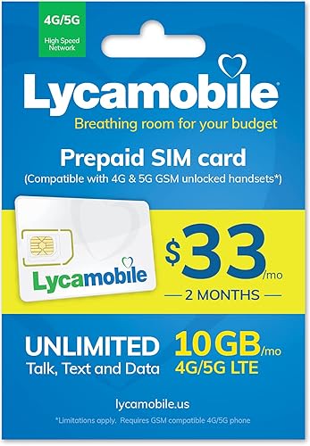 Lycamobile $33 Plan 10 GB 0.18oz y 0.14oz LTE Prepago 60 Día Tarjeta SIM