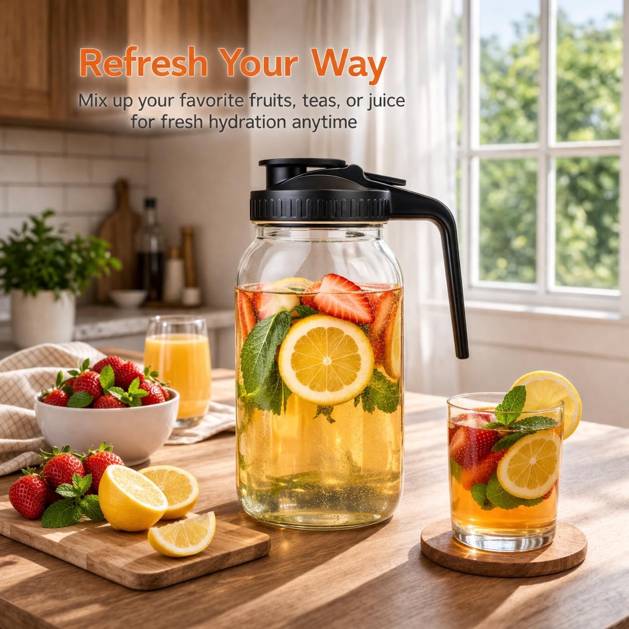 3 Pack 64oz Glass Mason Jar Pitcher with Airtight Lid and Handle – Wide Mouth, Leak-Proof, Ideal for Sun Tea, Cold Brew, Lemonade, Iced Coffee, Milk, and Water