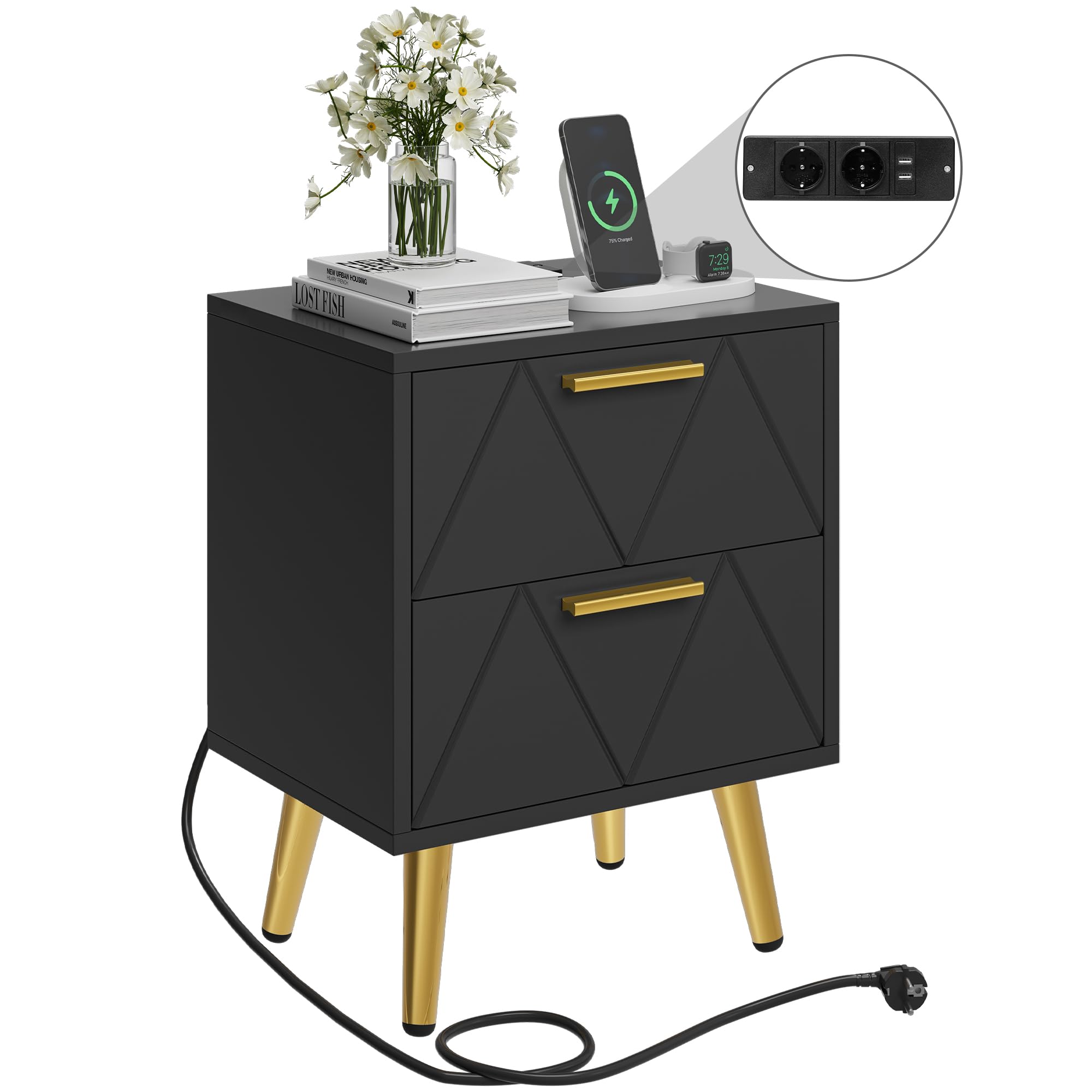 YITAHOME Table de Chevet avec 2 Tiroirs, 2 Ports USB et 2 Prises de Courant, Table d'Appoint avec Pieds et Poignées en Métal Doré, Bout de Canapé pour Salon, Chambre à Coucher, 40x 30 x 52cm, Noir