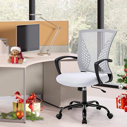 Silla de oficina ergonómica de escritorio, silla de computadora de malla con respaldo medio, con soporte lumbar, reposabrazos de altura ajustable,