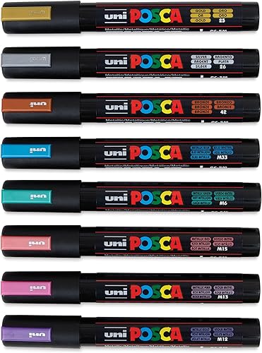 Miniatura 4 de posca Juego de rotuladores, 8 marcadores de pintura medianos 5M, tonos metálicos oro, plata, bronce, azul, verde, rojo, rosa, violeta