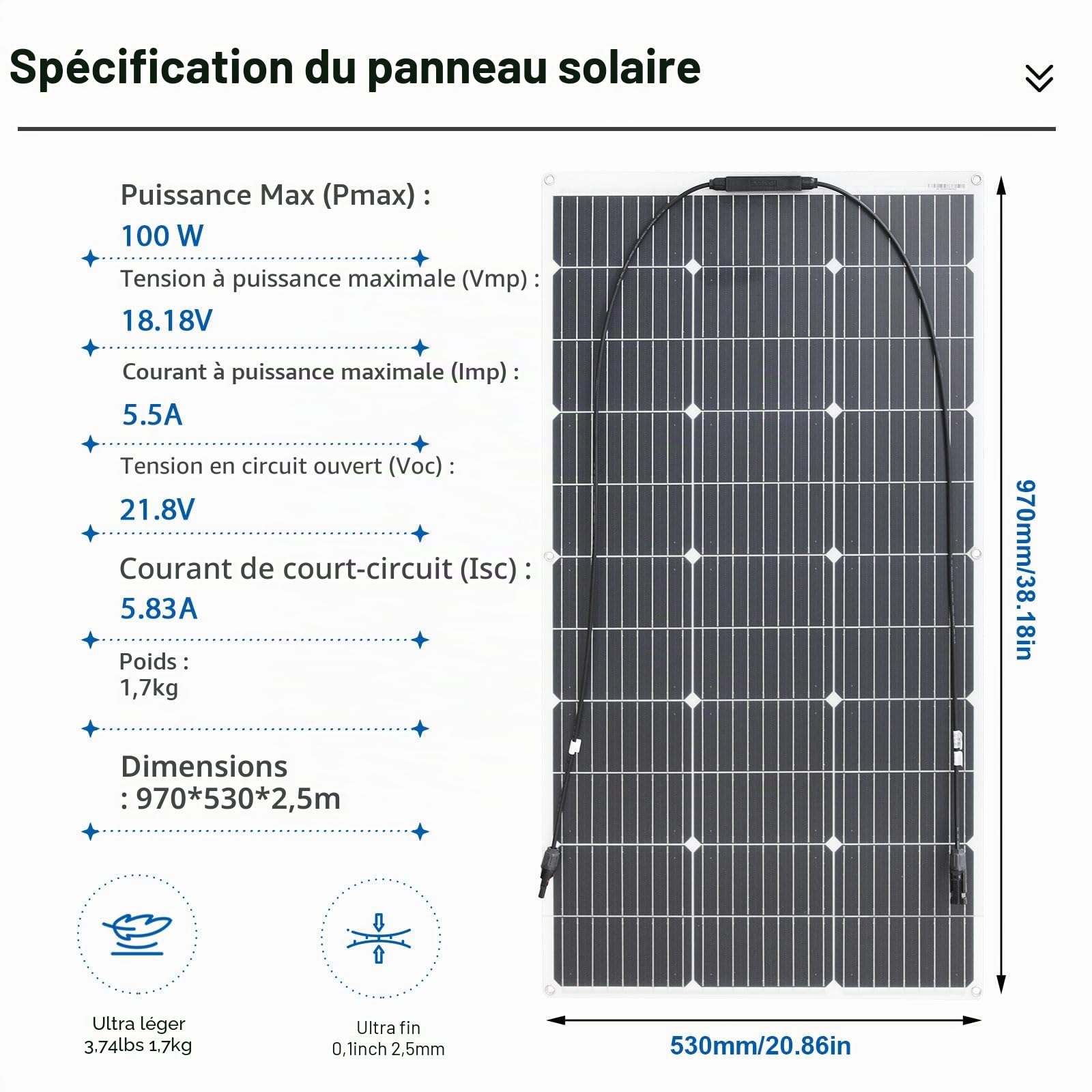 Panneaux Solaire Flexible 200W 12V/24V Kit Idéal pour Camping Bateaux Camping cars