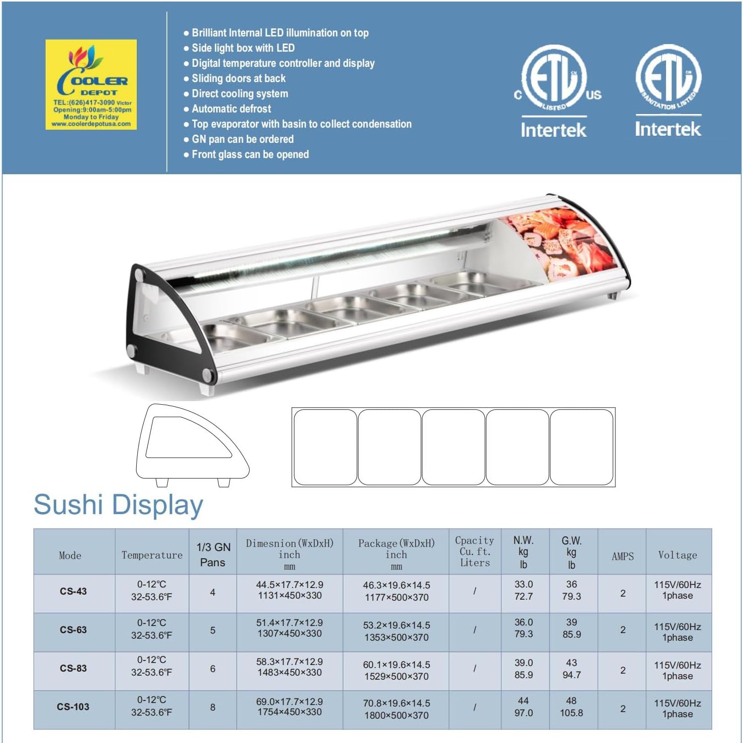 Refrigerated Sushi Display Cooler Case Countertop 4 Pan Commercial Refrigerator ; LED Lighting; 44" Wide NSF ETL cs-43